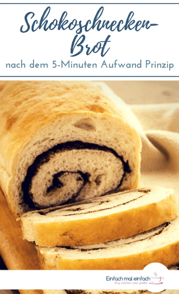 Schokoschnecken-Brot aus Hefeteig. Text:"Schokoschnecken Brot aus 5-Minuten Kühlschrankteig"