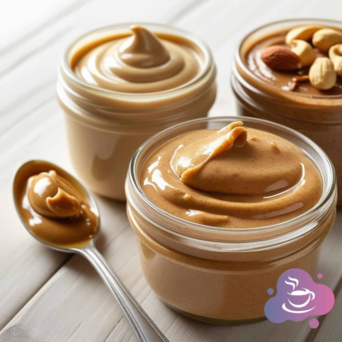 Gourmet Nussbutter-Set mit cremigen Variationen in Gläsern, auf Holzuntergrund, appetitlich präsentiert.