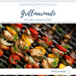 Bunte Gemüse-Fleischspieße auf dem Grill. Text: "Gewürzmischung für Grillmarinade - Mit dem Umami-Kick!"