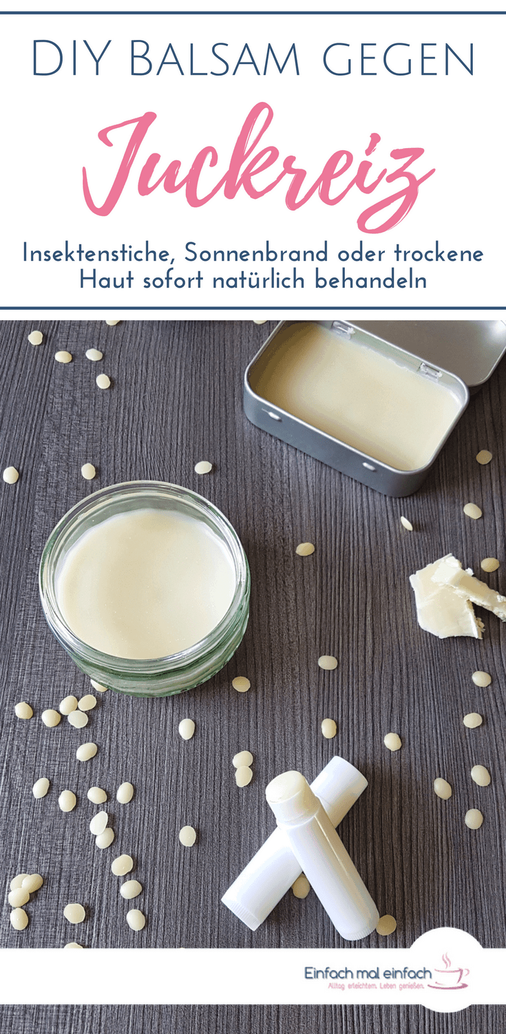 Ein natürliches Hausmittel gegen Juckreiz durch Insektenstiche, Sonnenbrand, trockene Haut oder Allergien kannst Du mit wenigen Zutaten herstellen. Die beruhigende DIY Lotion pflegt die Haut und fördert so die Heilung. #ätherischesöl #diy #selbermachen #hautpflege #hausmittel #juckreiz