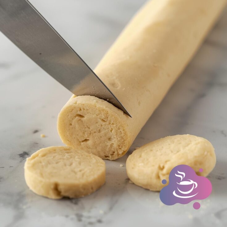 Teigrolle für Butterplätzchen wird in Scheiben geschnitten