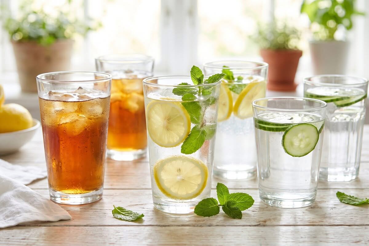 Mehrere Gläser mit Eistee, Zitronenwasser und Minze auf einem Tisch