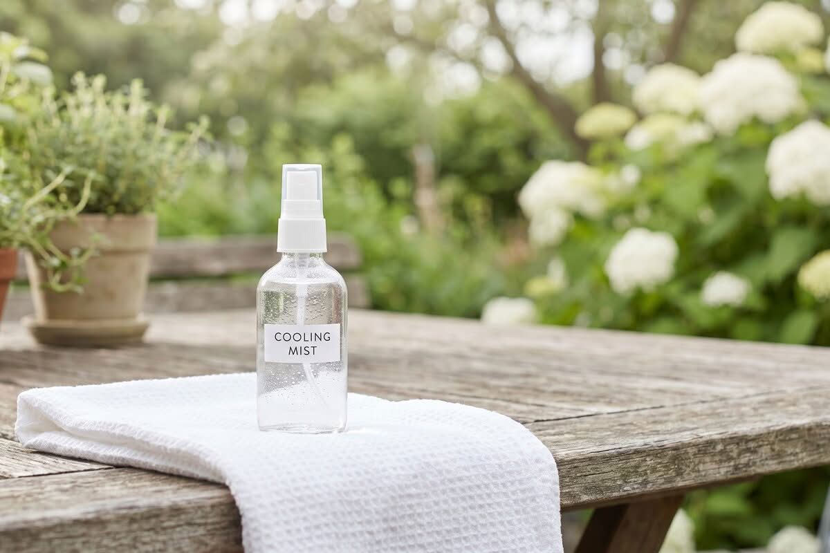Eine kleine Sprühflasche mit selbstgemachtem Kühl-Spray auf einem Handtuch im Freien