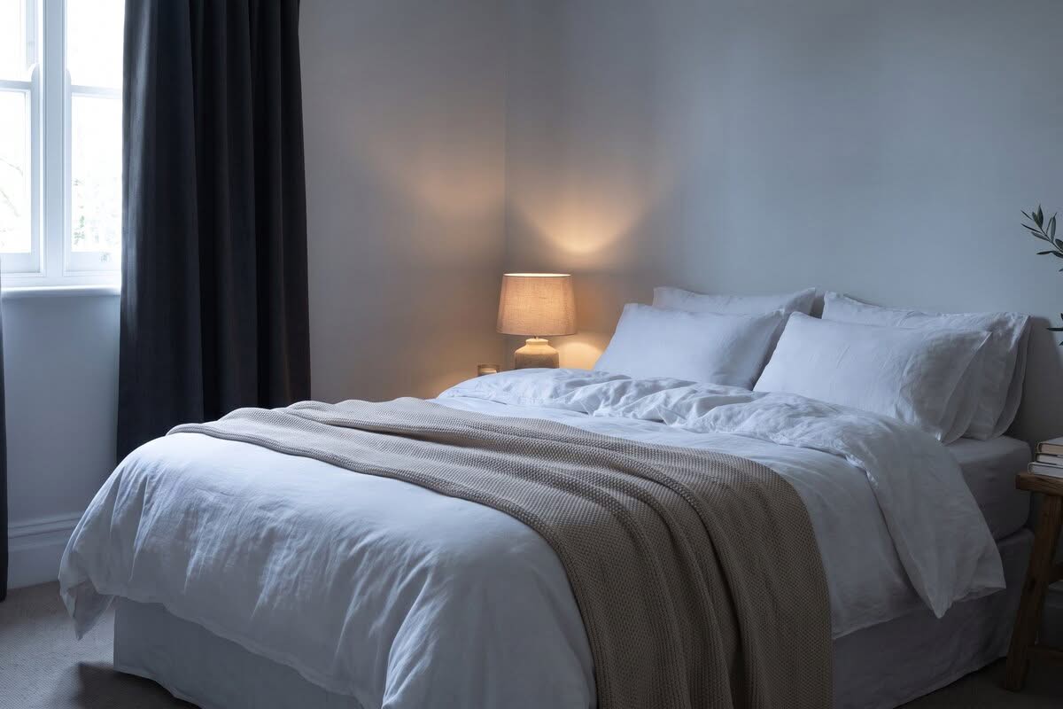 Ein schlichtes Schlafzimmer mit verdunkeltem Fenster und einem leichten Laken auf dem Bett