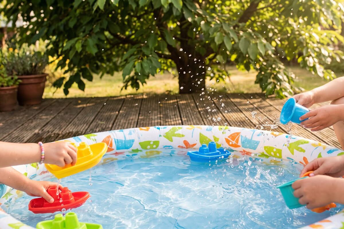 Kinderhände mit Wasserspritzen und einem kleinen Planschbecken im Schatten